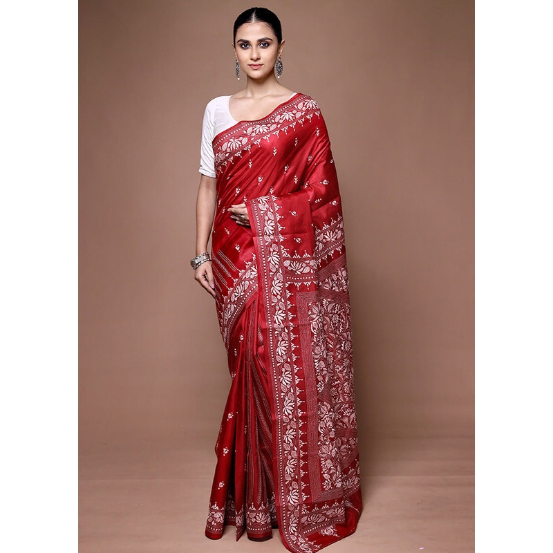 Red Handloom Kantha Stitch Pure Silk Saree With Blouse Piece - JD986599618
