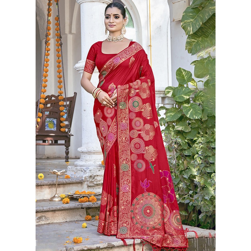 Red Spun Silk Saree With Blouse Piece - JD986599445