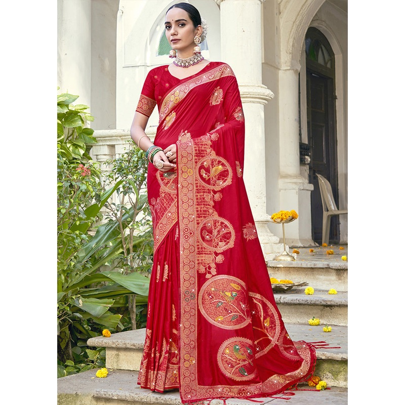 Red Spun Silk Saree With Blouse Piece - JD986599446