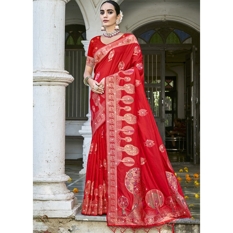 Red Spun Silk Saree With Blouse Piece - JD986599447