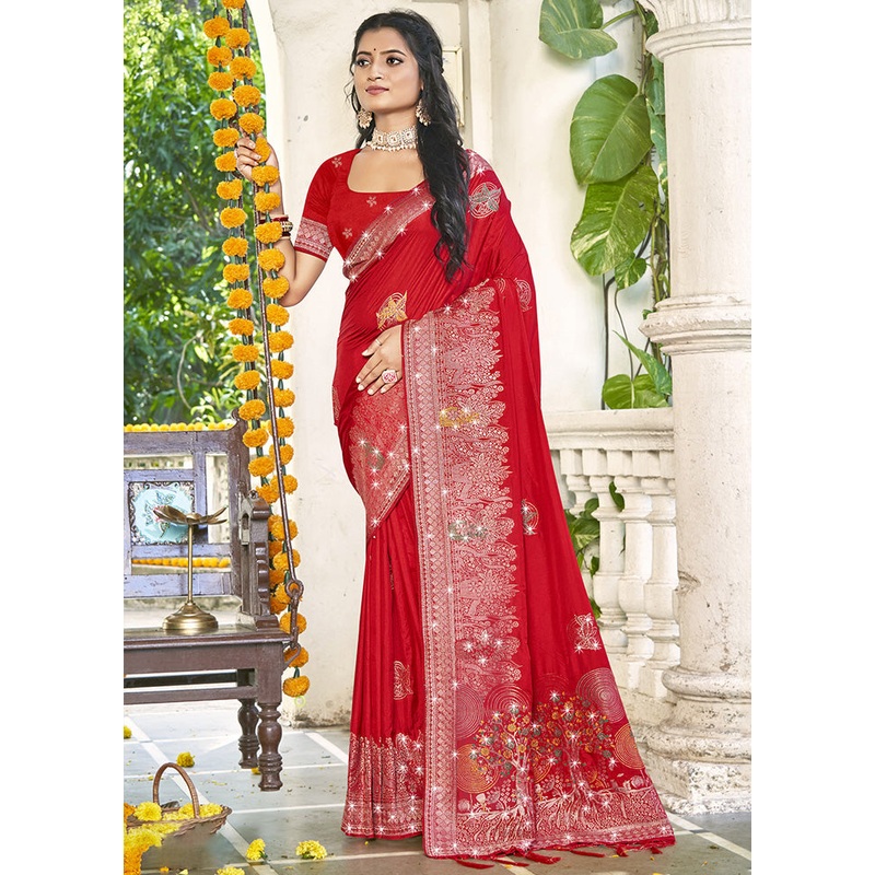 Red Spun Silk Saree With Blouse Piece - JD986599448