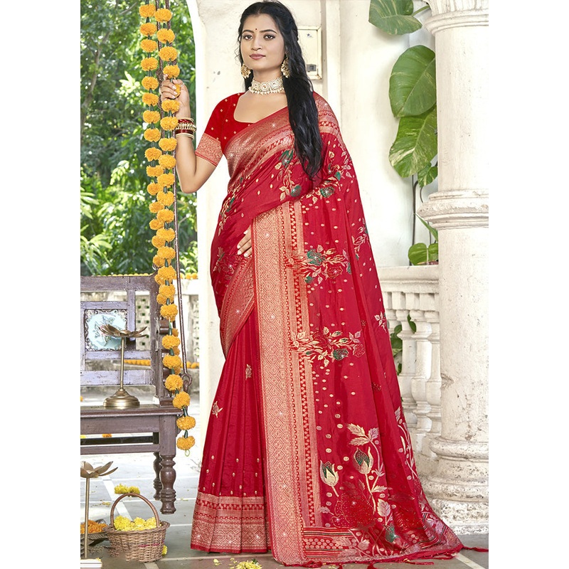 Red Spun Silk Saree With Blouse Piece - JD986599449