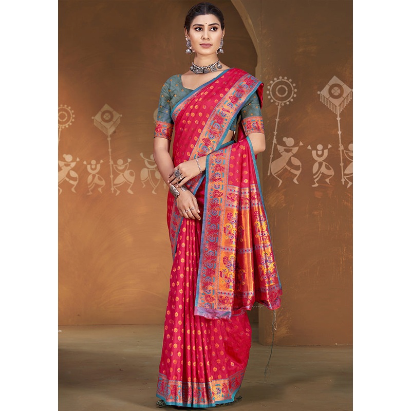 Red Spun Silk Saree With Blouse Piece - JD986599450