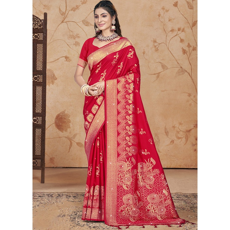 Red Spun Silk Saree With Blouse Piece - JD986599451