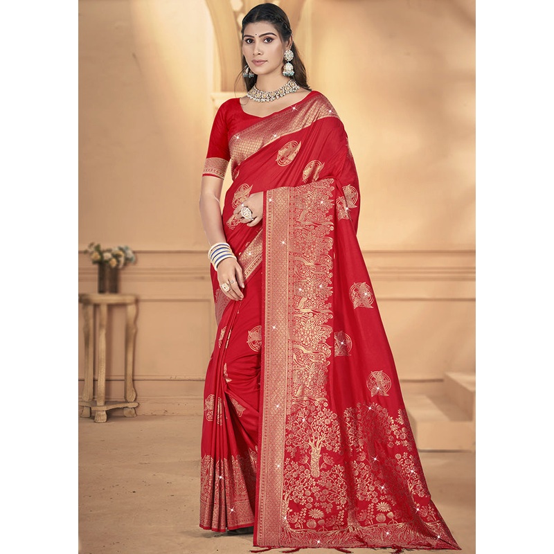Red Spun Silk Saree With Blouse Piece - JD986599452