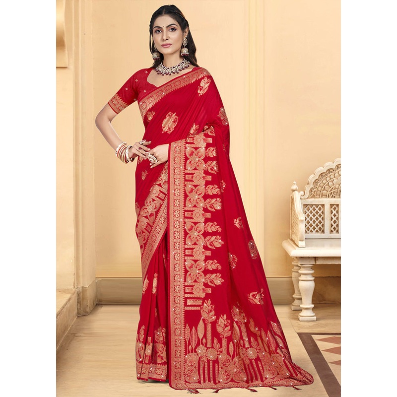 Red Spun Silk Saree With Blouse Piece - JD986599453