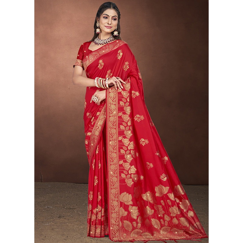 Red Spun Silk Saree With Blouse Piece - JD986599454