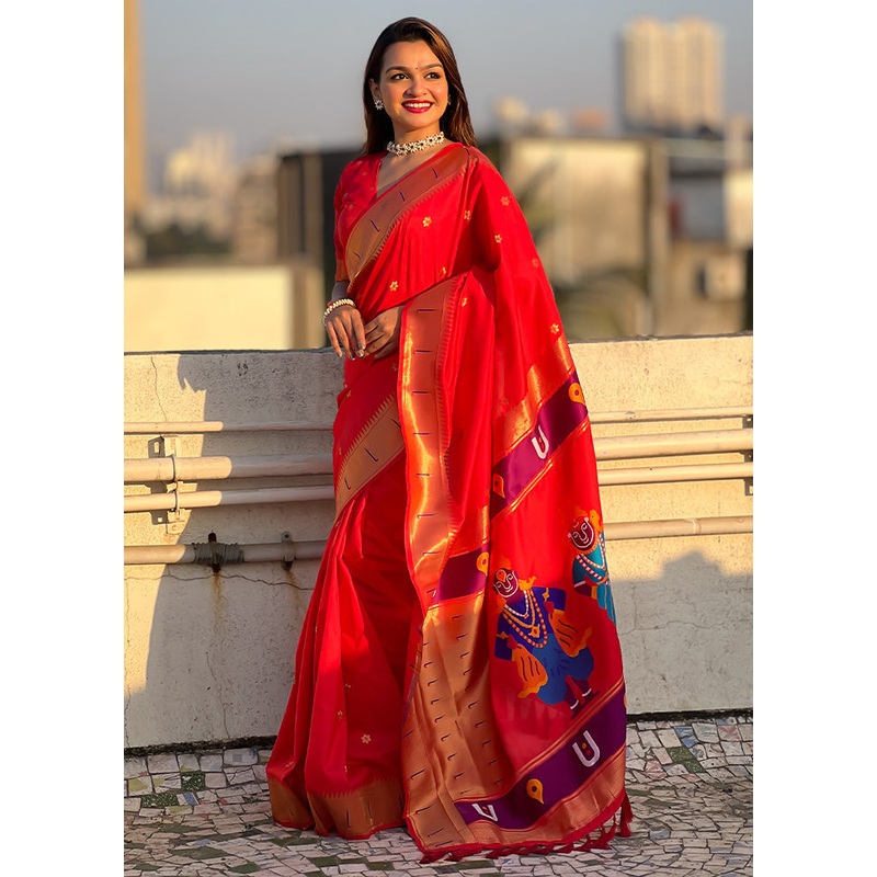 Red Spun Silk Saree With Blouse Piece - JD986599585