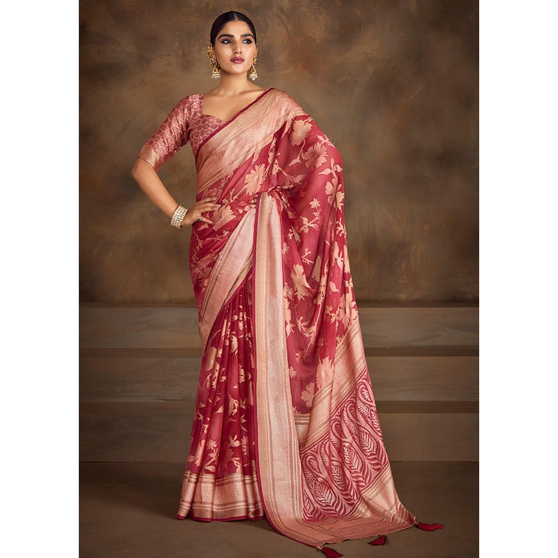 Red Spun Silk Saree With Blouse Piece - JD986599586