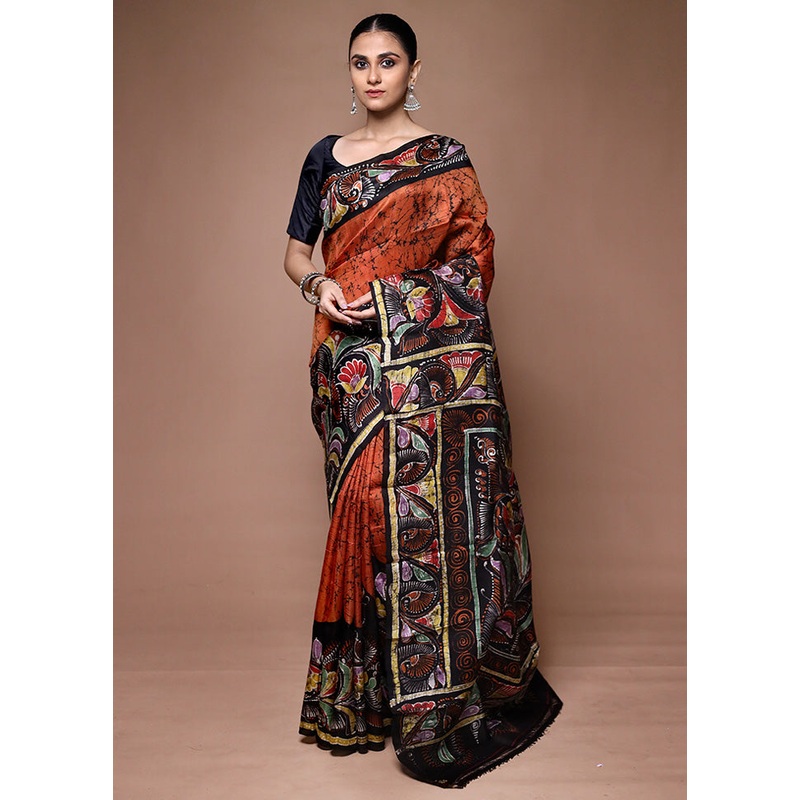 Rust Printed Pure Silk Saree Without Blouse Piece - JD986599615