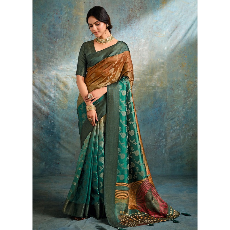 Teal Green Spun Silk Saree With Blouse Piece - JD986599582