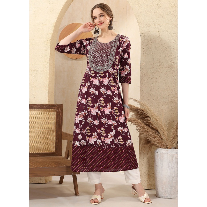 Wine Readymade Cotton Long Kurti - JD986599566