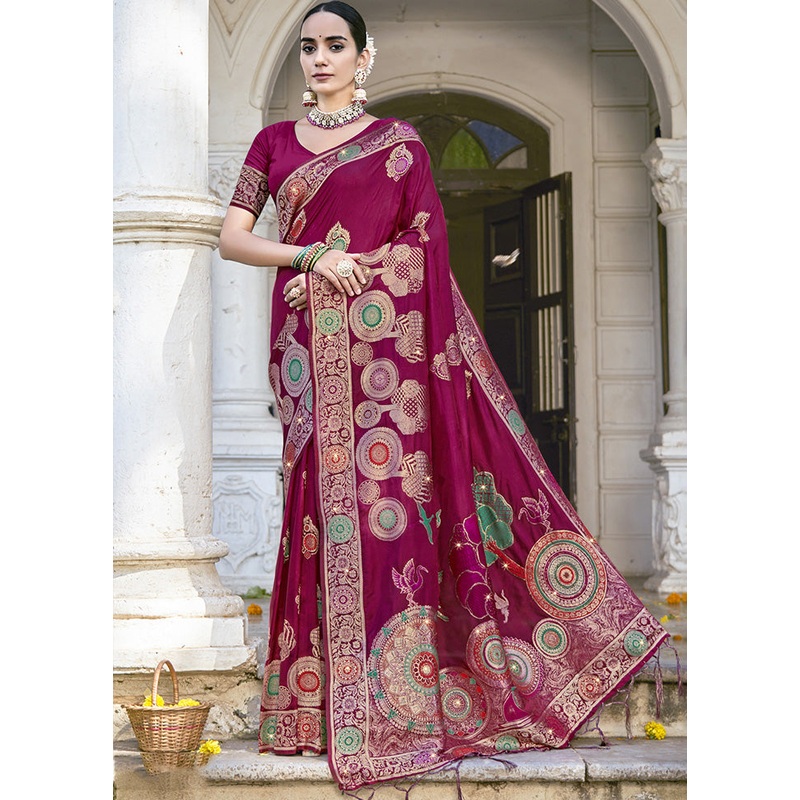 Wine Spun Silk Saree With Blouse Piece - JD986599436