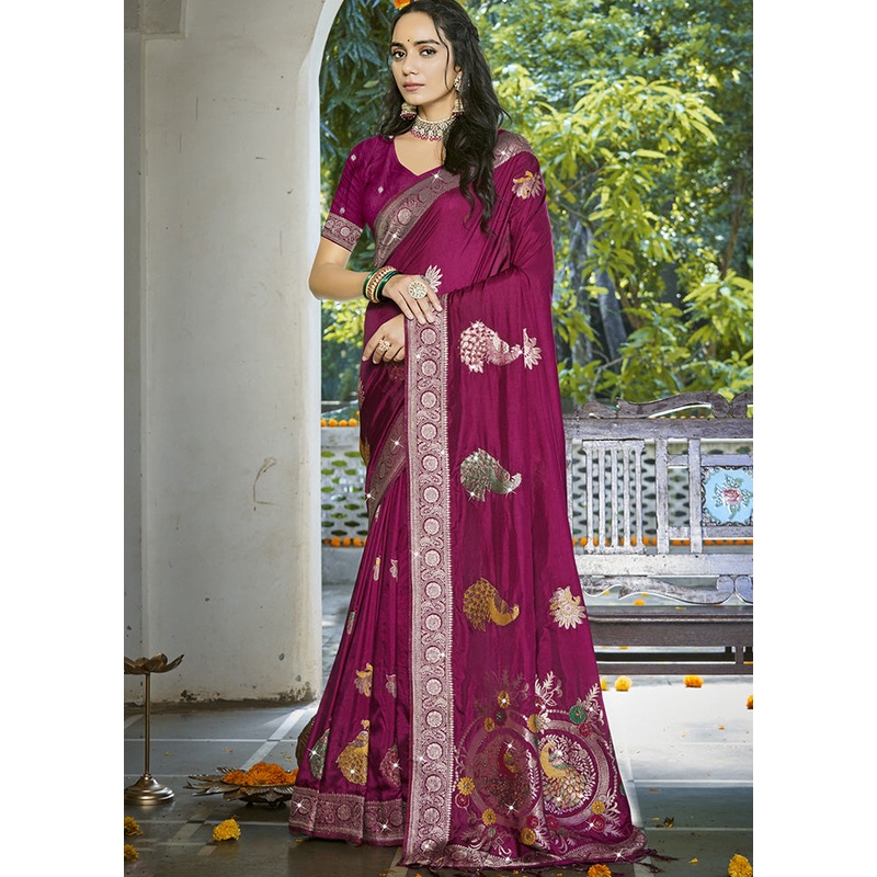 Wine Spun Silk Saree With Blouse Piece - JD986599439