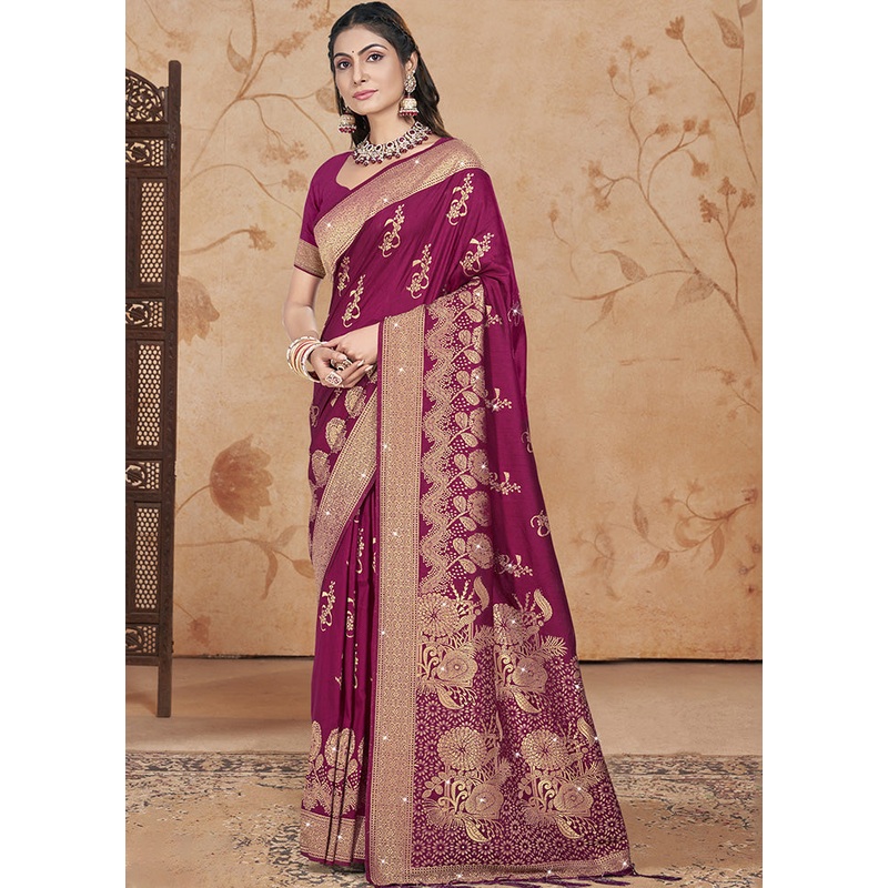 Wine Spun Silk Saree With Blouse Piece - JD986599440