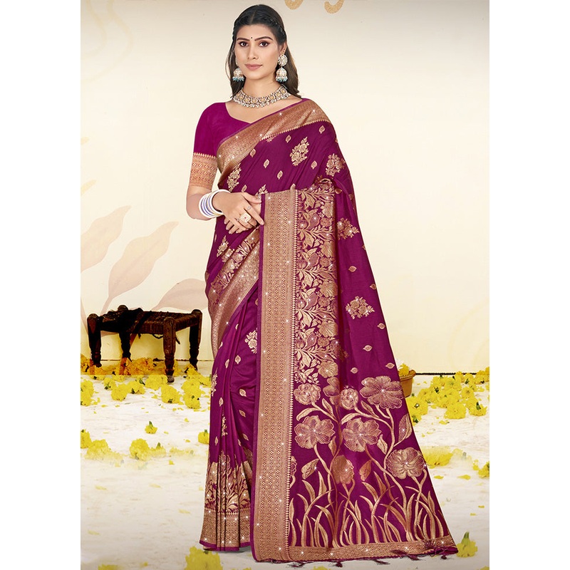Wine Spun Silk Saree With Blouse Piece - JD986599441