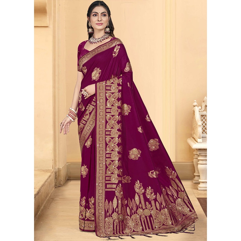 Wine Spun Silk Saree With Blouse Piece - JD986599443