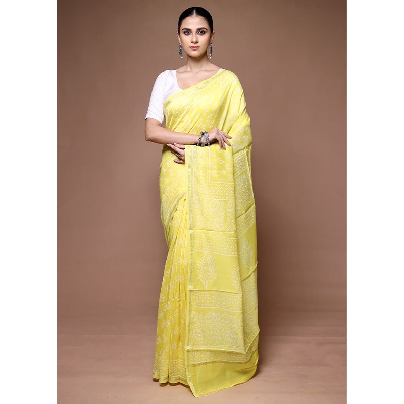 Yellow Chanderi Cotton Saree With Blouse Piece - JD986599613