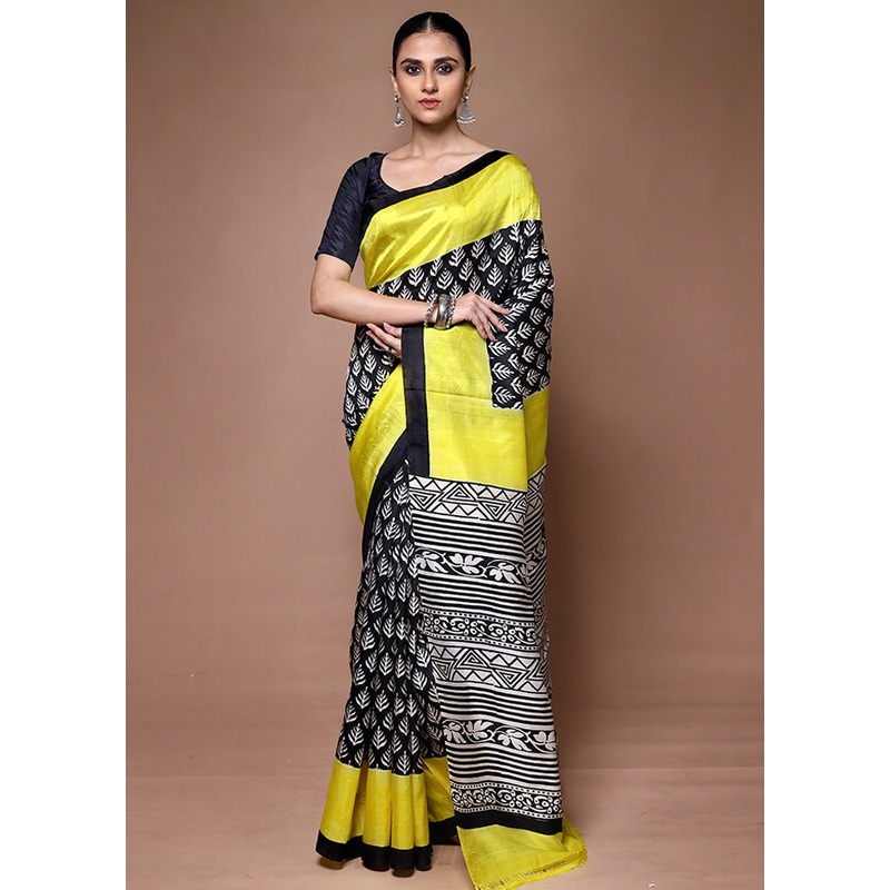 Yellow Printed Pure Silk Saree Without Blouse Piece - JD986599612