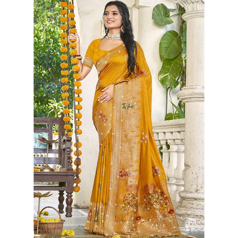 Yellow Spun Silk Saree With Blouse Piece - JD986599427