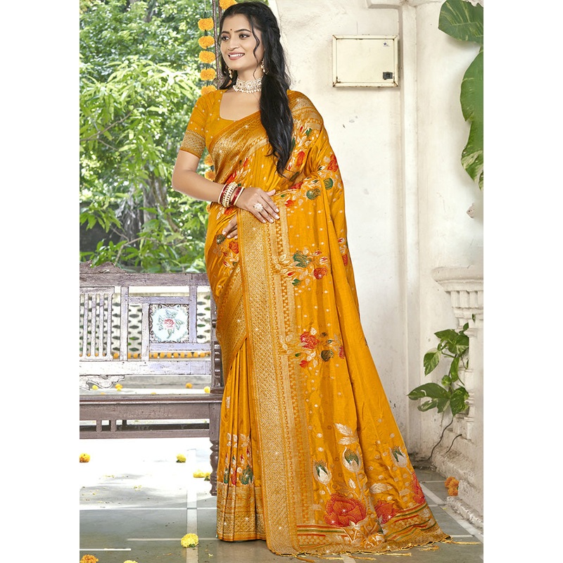 Yellow Spun Silk Saree With Blouse Piece - JD986599428