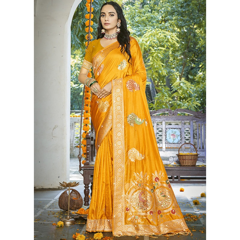Yellow Spun Silk Saree With Blouse Piece - JD986599429