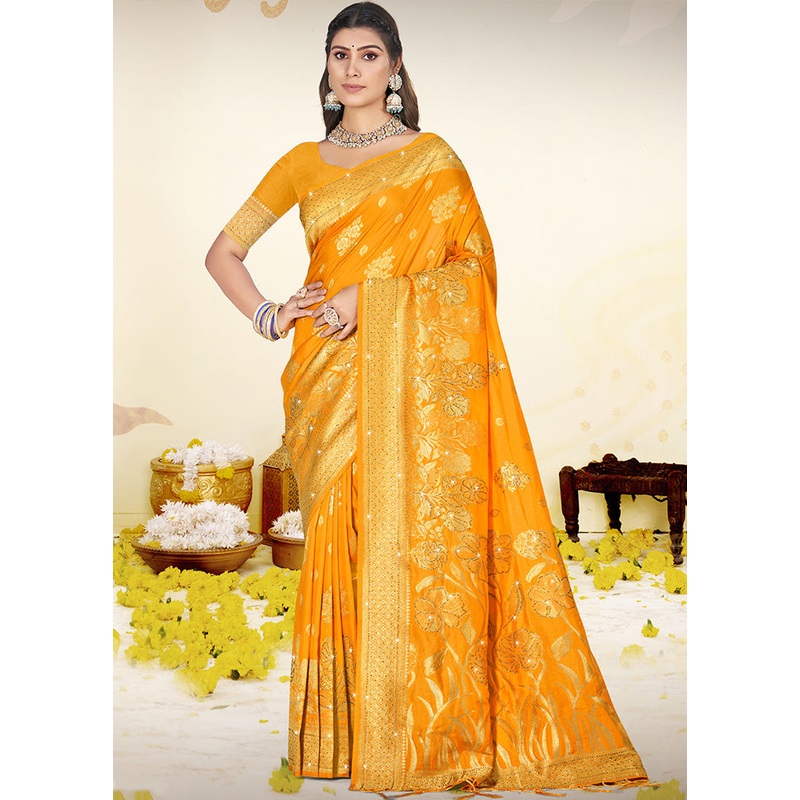 Yellow Spun Silk Saree With Blouse Piece - JD986599431
