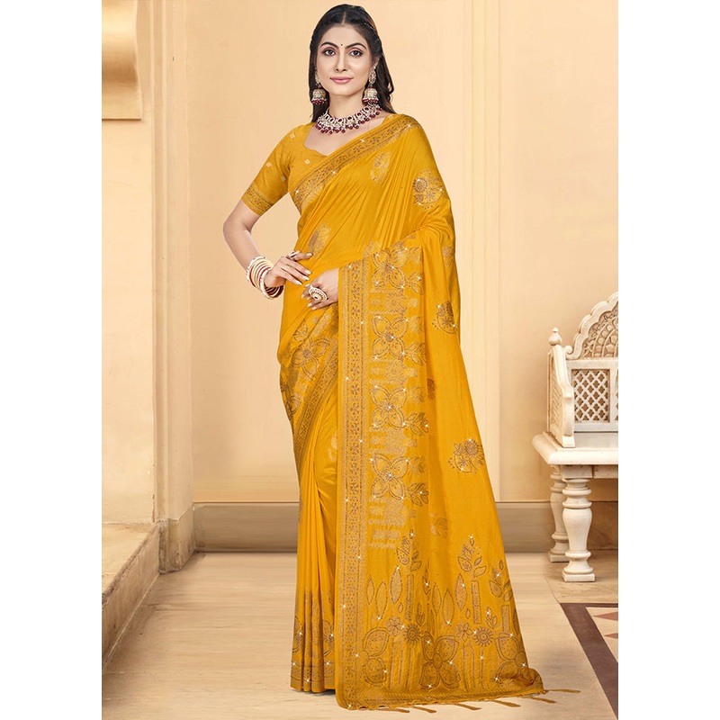 Yellow Spun Silk Saree With Blouse Piece - JD986599433