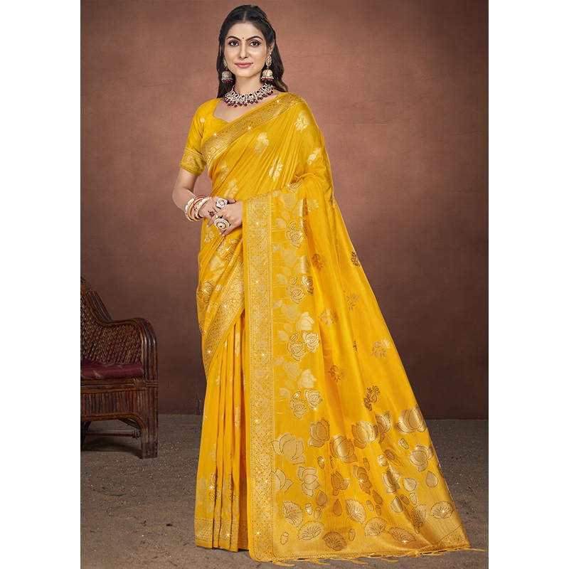 Yellow Spun Silk Saree With Blouse Piece - JD986599434