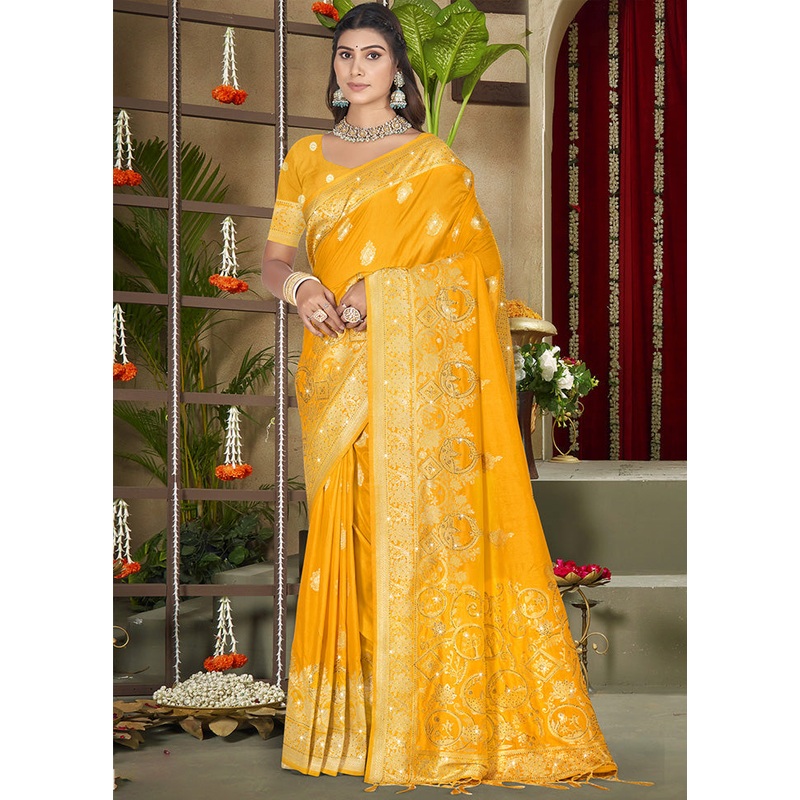 Yellow Spun Silk Saree With Blouse Piece - JD986599435