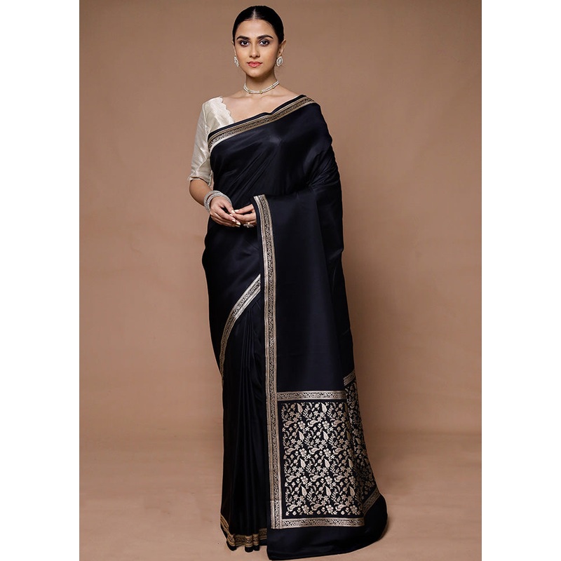 Black Banarasi Silk Saree With Blouse Piece - JD986599421