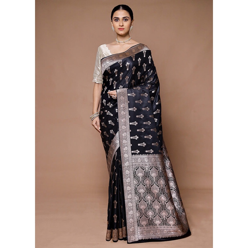 Black Katan Silk Saree With Blouse Piece - JD986599420
