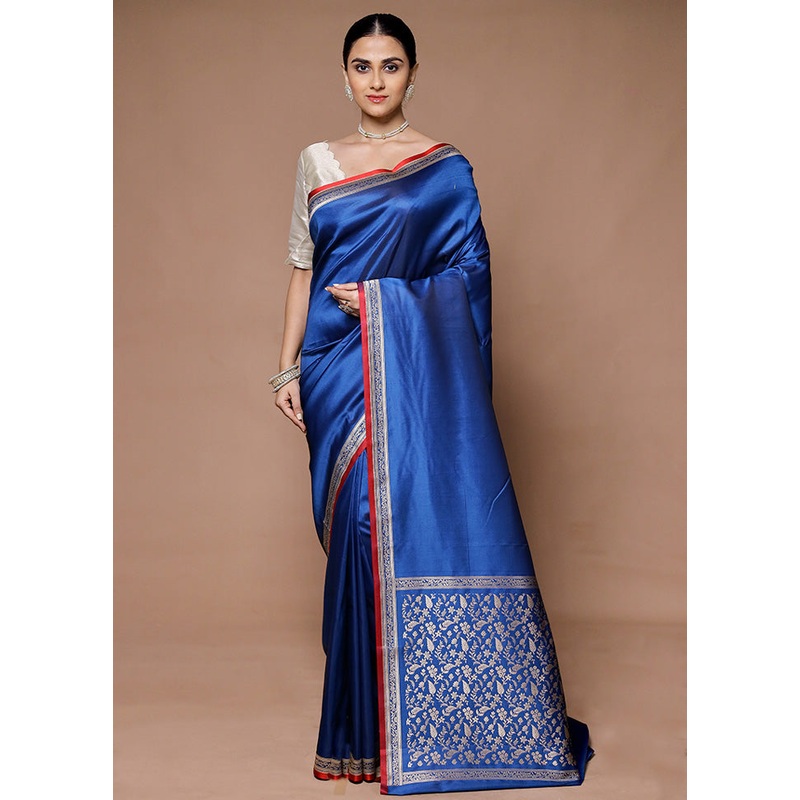 Blue Banarasi Silk Saree With Blouse Piece - JD986599418