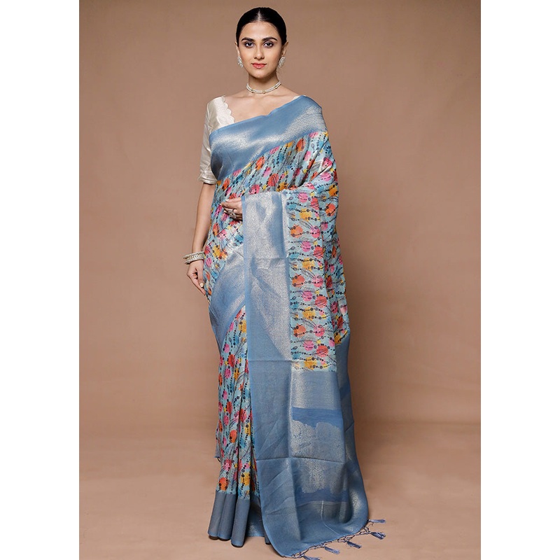 Blue Dupion Silk Saree With Blouse Piece - JD986599417