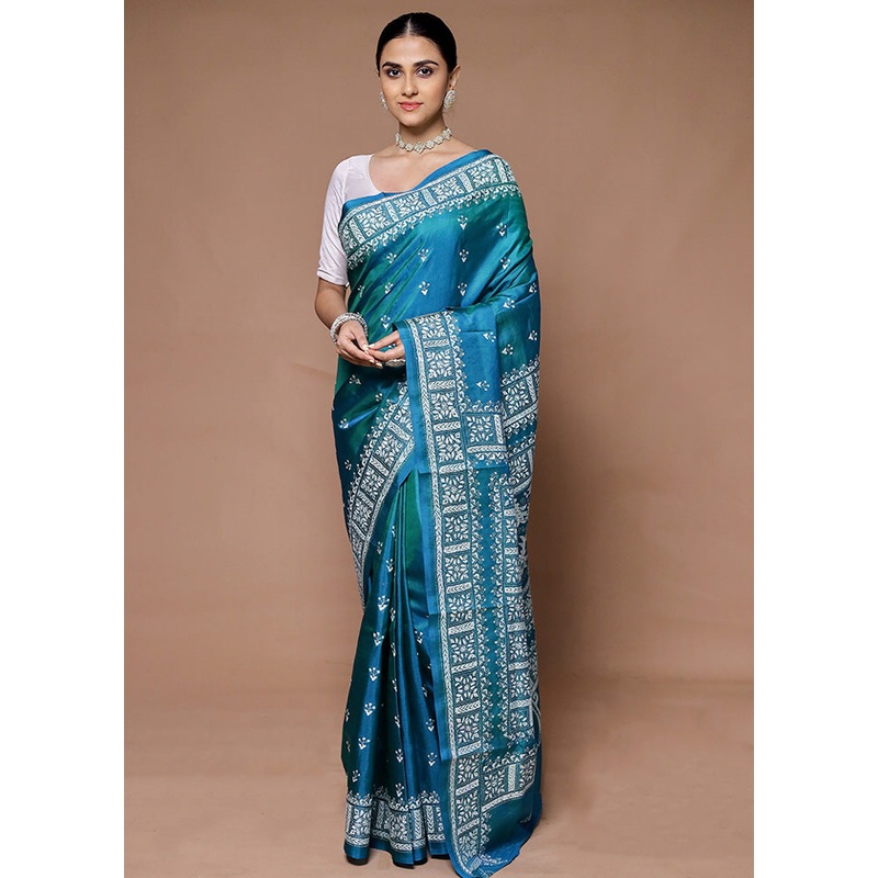Blue Handloom Kantha Stitch Pure Silk Saree With Blouse Piece - JD986599413
