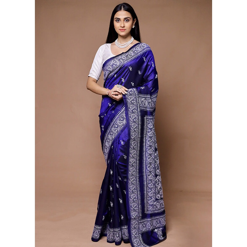 Blue Handloom Kantha Stitch Pure Silk Saree With Blouse Piece - JD986599414