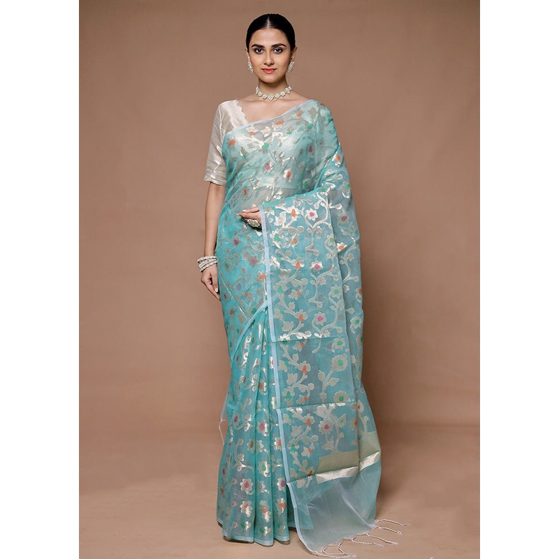 Blue Organza Saree With Blouse Piece - JD986599407