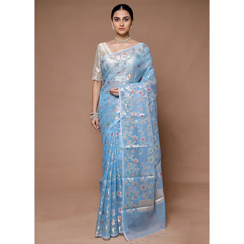 Blue Organza Saree With Blouse Piece - JD986599408
