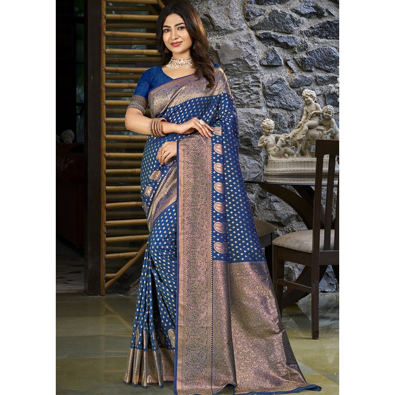 Blue Spun Silk Saree With Blouse Piece - JD986599332