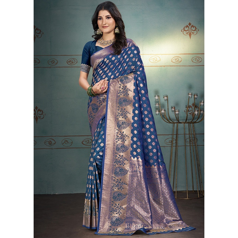 Blue Spun Silk Saree With Blouse Piece - JD986599333