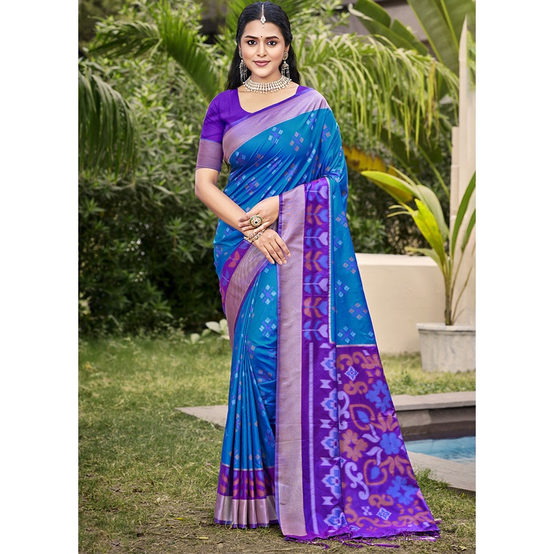 Blue Spun Silk Saree With Blouse Piece - JD986599336