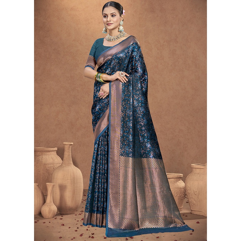 Blue Spun Silk Saree With Blouse Piece - JD986599339