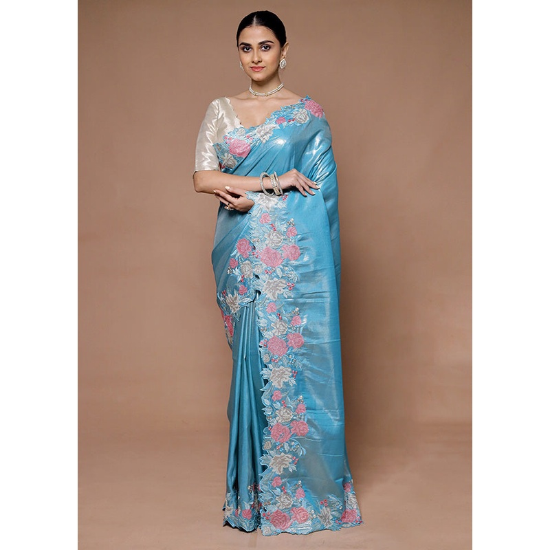 Blue Tissue Silk Saree With Blouse Piece - JD986599405