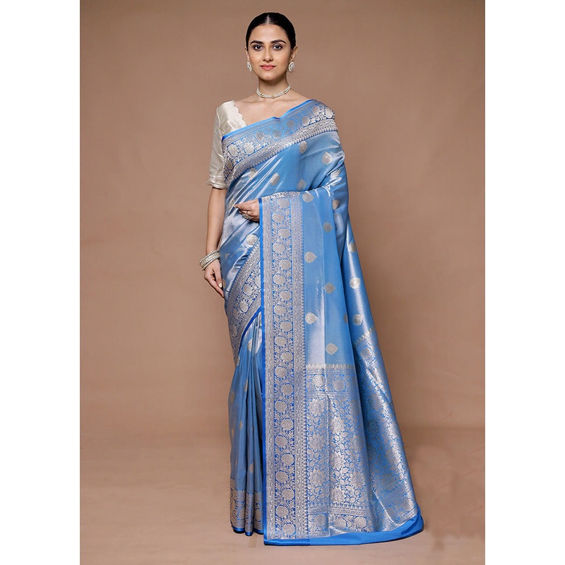 Blue Tissue Silk Saree With Blouse Piece - JD986599406