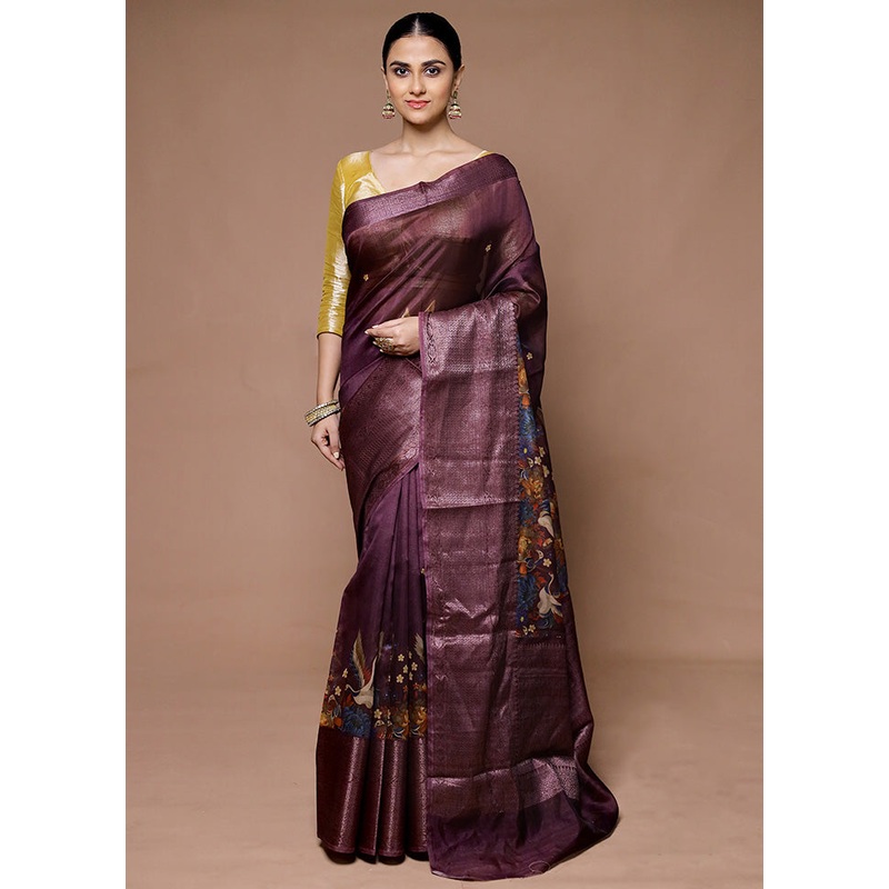 Brown Organza Saree With Blouse Piece - JD986599404