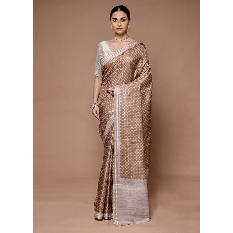 Brown Tussar Silk Saree With Blouse Piece - JD986599402
