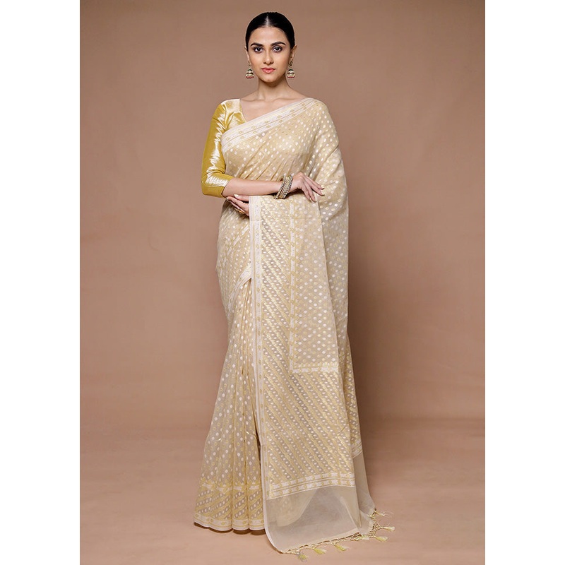 Cream Kora Silk Saree With Blouse Piece - JD986599401