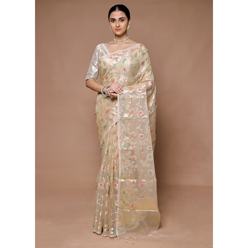 Cream Organza Saree With Blouse Piece - JD986599400