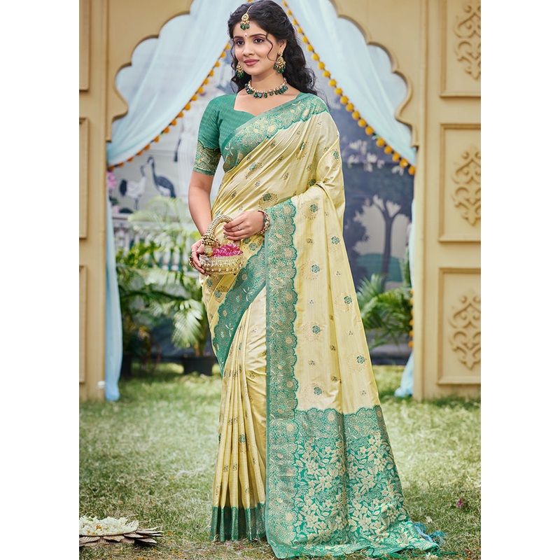 Cream Spun Silk Saree With Blouse Piece - JD986599328