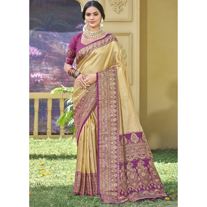 Cream Spun Silk Saree With Blouse Piece - JD986599329